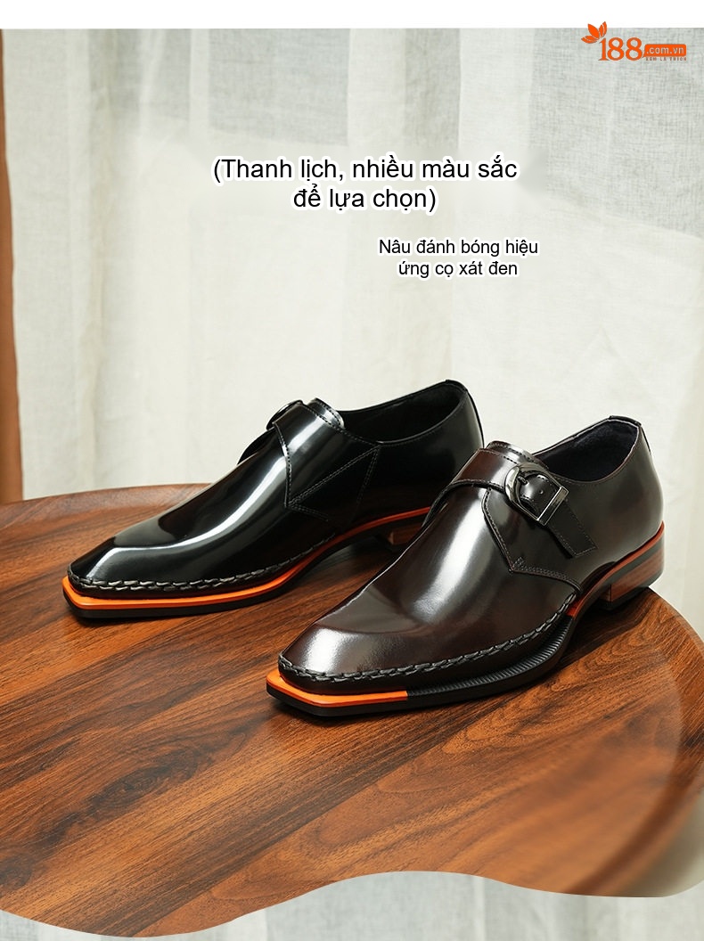 Giày Tây Khóa Cài Nam Da Bóng Mũi Vuông Chiều Cao Đế Khoảng 3cm Màu Đen, Nâu chi tiết 5