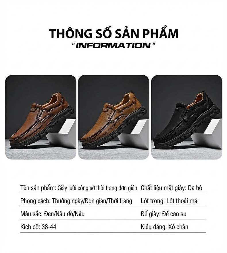 Giày Lười Nam Da Thật Size Lớn Kiểu Outdoor Chiều Cao Đế Khoảng 3.5cm Màu Nâu, Đen chi tiết 5