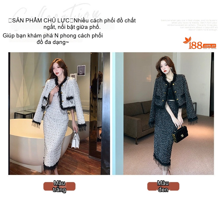 Set Áo Khoác Lửng và Chân Váy Tweed Phong Cách Tiểu Thư Viền Tua Rua Màu Trắng, Đen chi tiết 6