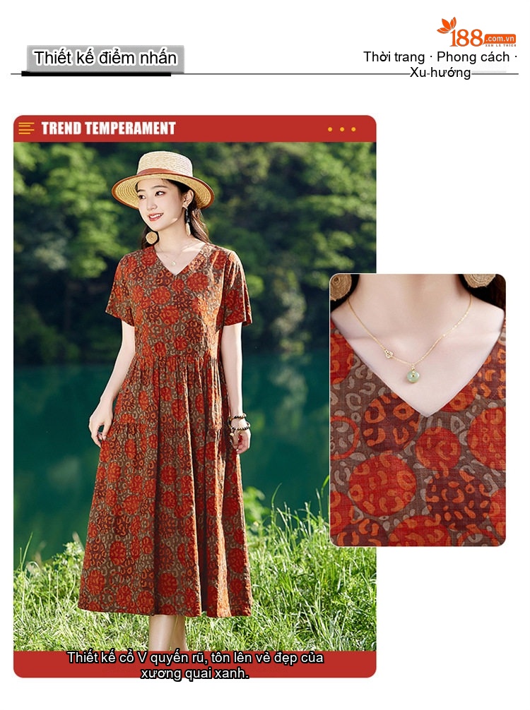 Váy liền thân Nữ Cổ chữ V In Họa Tiết Thiết Kế Thanh Lịch Thoáng Mát Màu Đỏ, Xanh Lá chi tiết 4