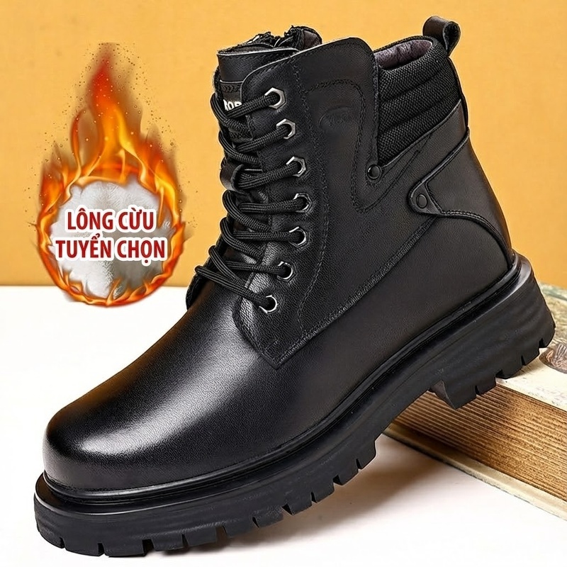 Boot Nam Da Thật Lông Cừu Giữ Ấm Chiều Cao Đế Khoảng 4cm Màu Đen