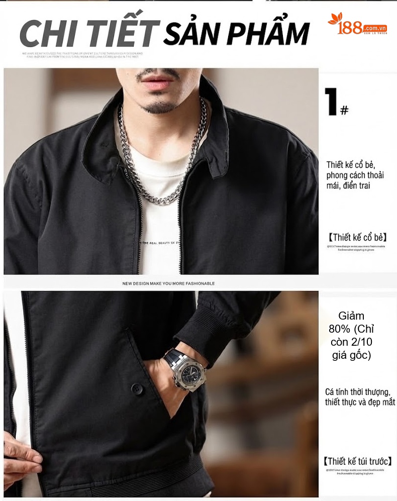 Áo Khoác Bomber Nam Mỹ Cổ Điển Phong Cách Tối Giản Màu Xanh Rêu, Đen, Nâu chi tiết 19