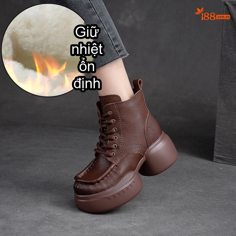 Boot Martin Nữ Dây Buộc Da Mờ Giữ Ấm Mùa Đông Chiều Cao Đế Khoảng 5cm Màu Đen, Nâu