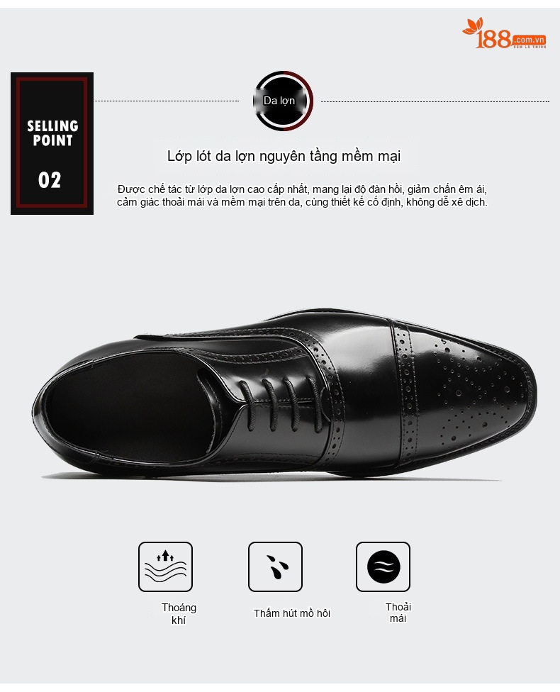 Giày Tây Buộc Dây Nam Da Bóng Brogue Chiều Cao Đế Khoảng 3cm Màu Nâu, Đen chi tiết 5