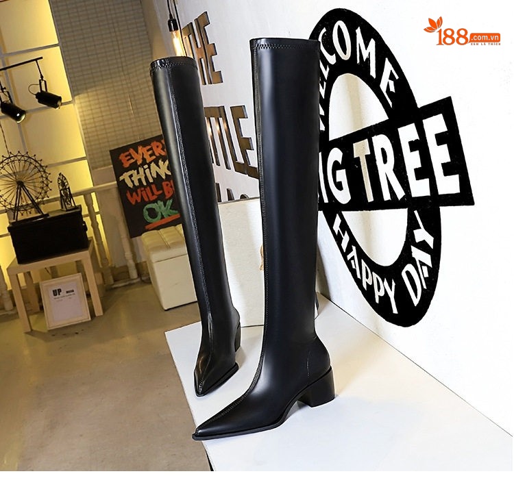 Boot Đùi Nữ Da Bóng Gót Vuông Chiều Cao Đế Khoảng 5cm Mũi Nhọn Màu Đen, Nâu chi tiết 24