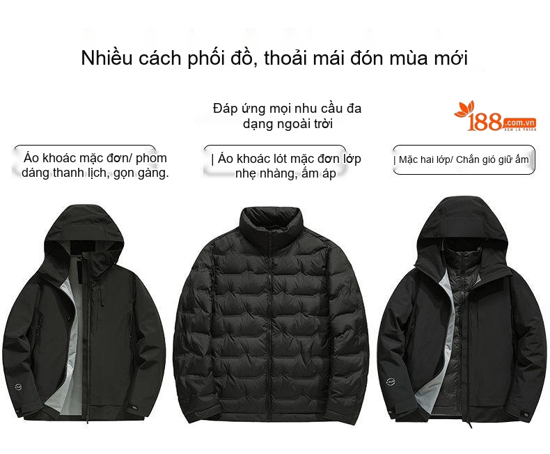 Áo khoác phao nam lông vũ 3 trong 1 có mũ trùm đầu chống gió giữ ấm chi tiết 5