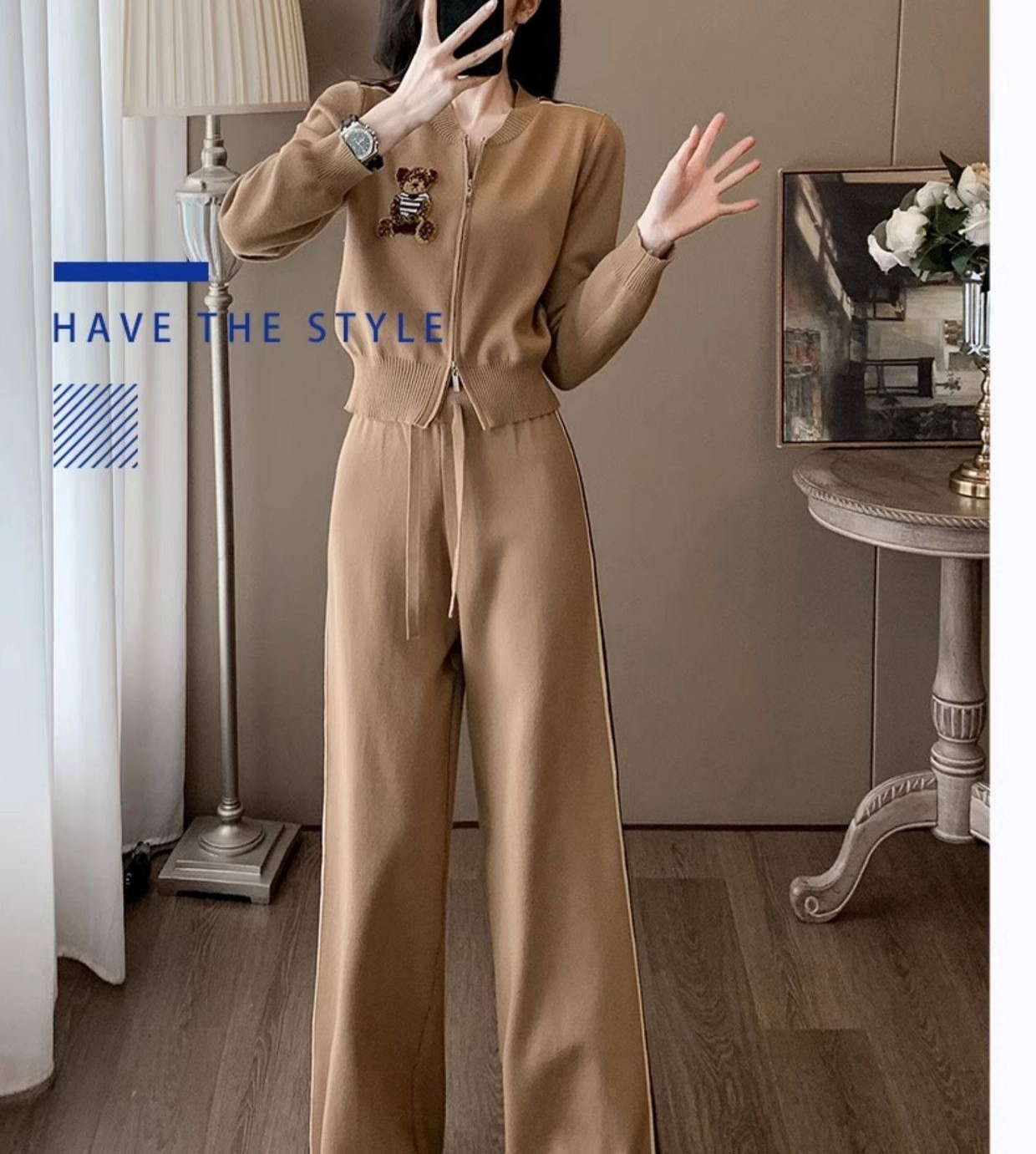 Set Bộ Dệt Kim Áo Khoác Lửng Quần Ống Rộng Phong Cách Thời Trang Màu Nâu chi tiết 8