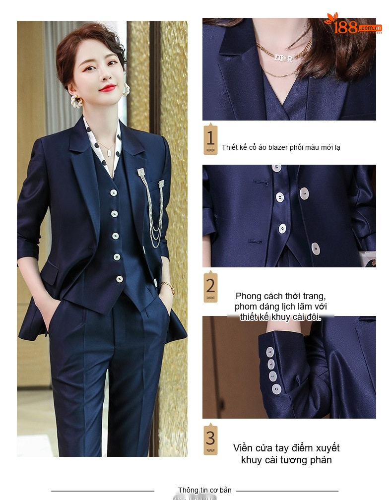 Bộ Vest Nữ Công Sở Áo Khoác Quần Dài và Áo Gile Phong Cách Hàn Quốc Màu Hồng, Xanh Navy, Trắng chi tiết 6