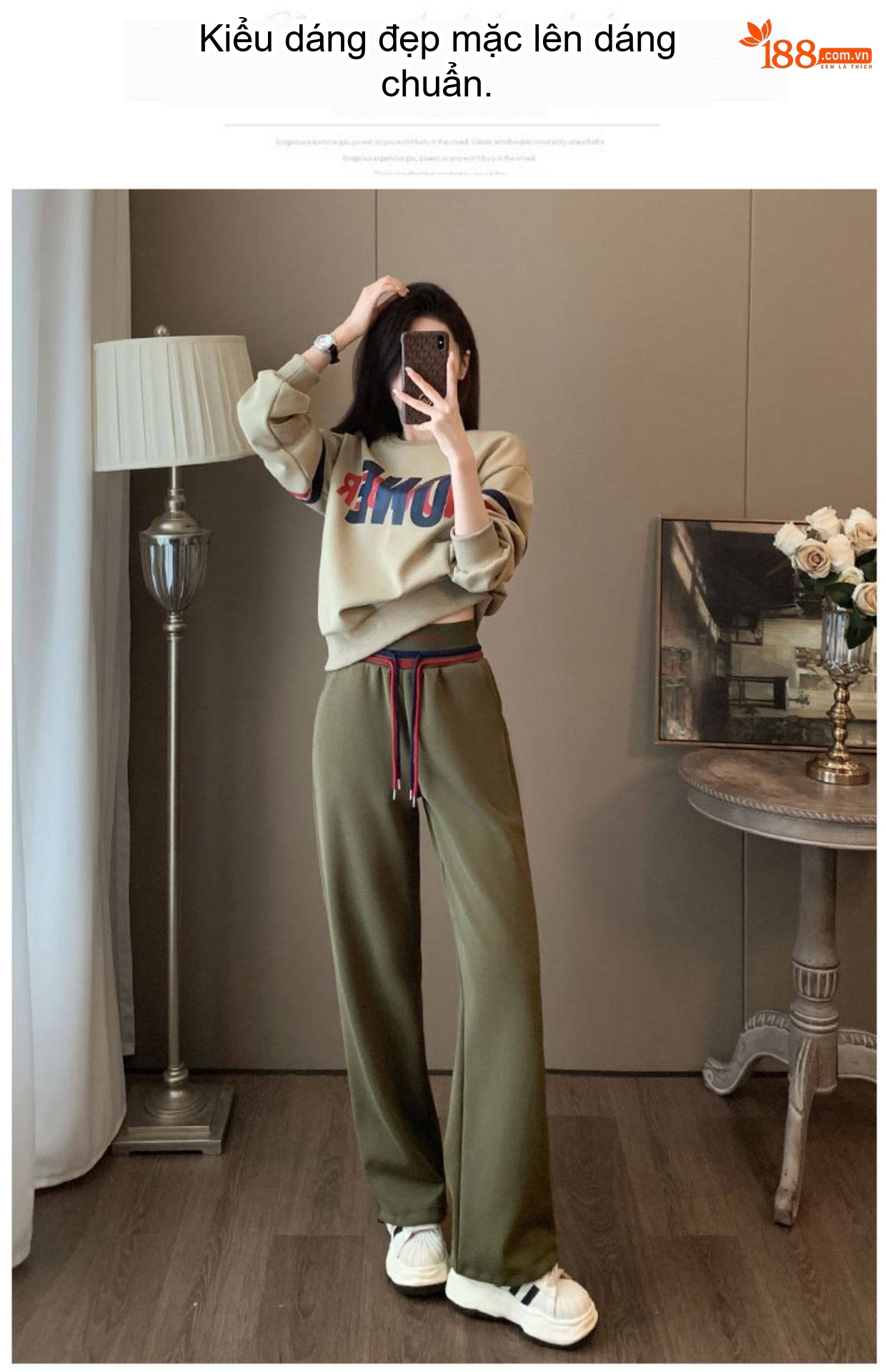 Bộ Đồ Nữ Thu Đông Áo Hoodie Quần Dài Ống Rộng Phong Cách Thời Trang Màu Be, Xanh Olive chi tiết 4