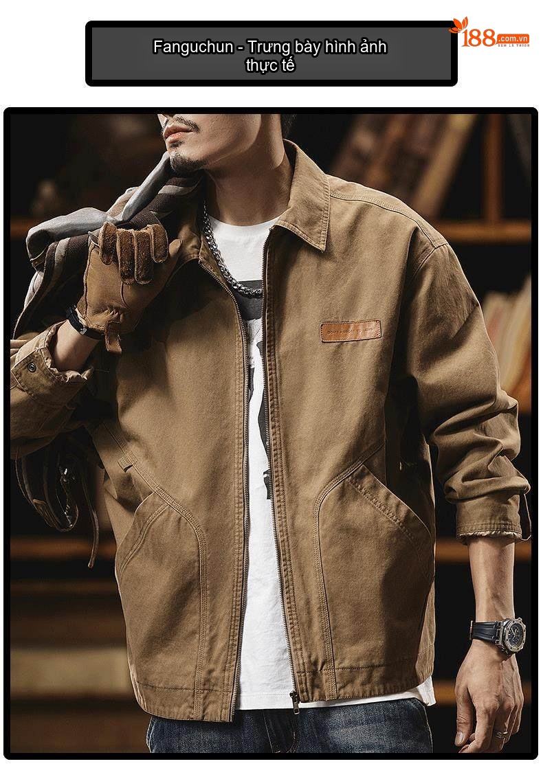 Áo Khoác Bomber Nam Cotton Dáng Ngắn Màu Xám, Xanh Rêu chi tiết 14