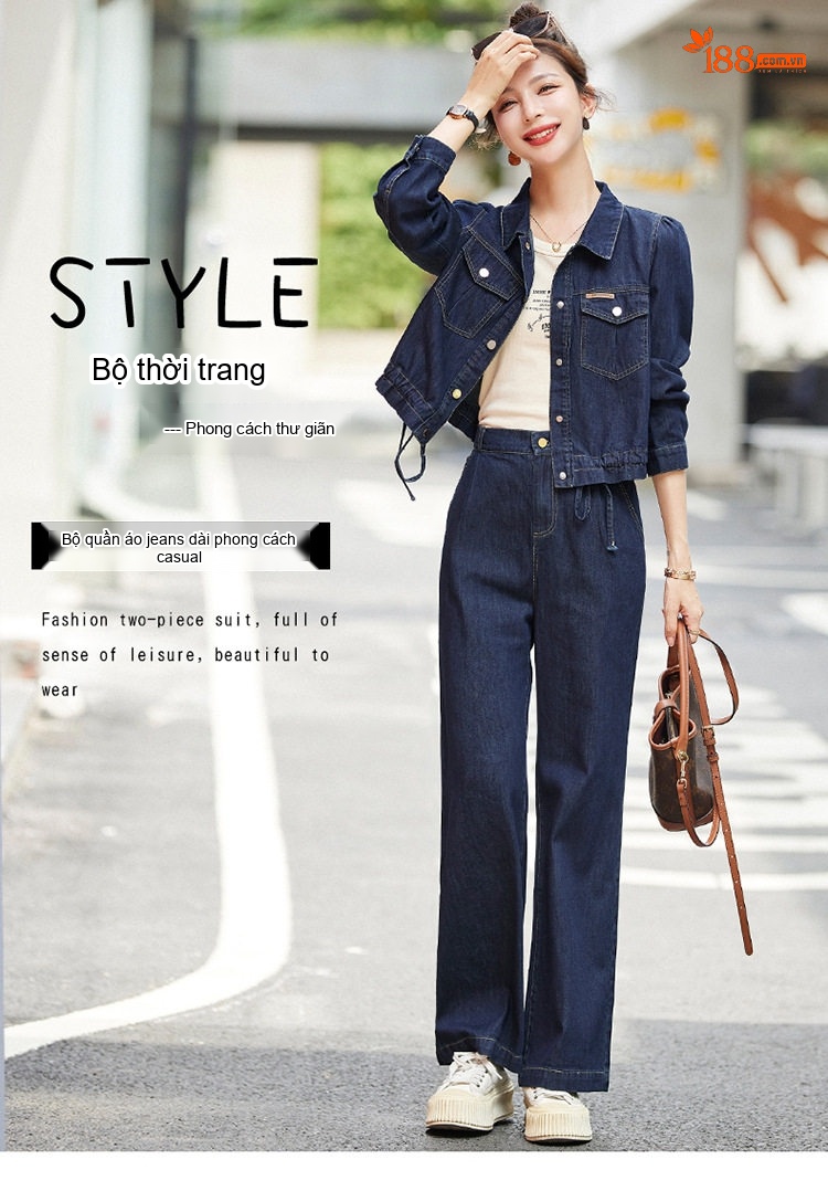 Bộ Quần Áo Nữ Áo Khoác Quần Dài Vải Denim Phong Cách Hàn Quốc Thanh Lịch Màu Xanh Denim chi tiết 1