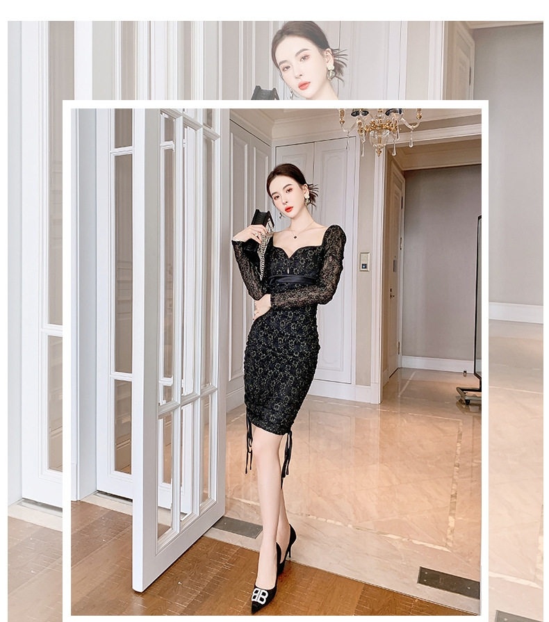 Váy Ôm Body Nữ Ren Lưới Tay Phồng Cổ Tim Dây Rút Màu Đen chi tiết 1