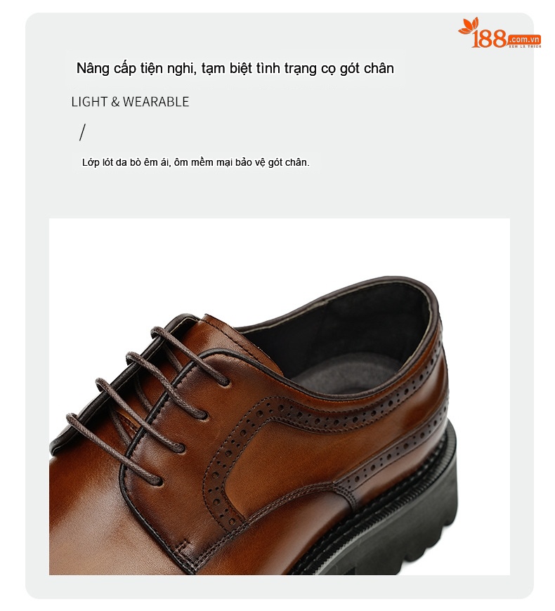 Giày Tây Buộc Dây Nam Da Bò Phong Cách Anh Quốc Chiều Cao Đế Khoảng 4cm Màu Nâu, Đen chi tiết 6