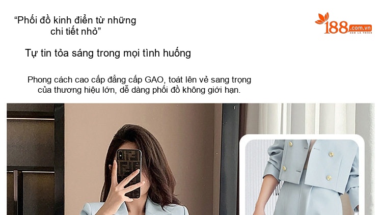 Bộ Vest Công Sở Nữ Dáng Ngắn Quần Dài/Chân Váy Màu Kaki, Đen, Xanh Dương chi tiết 6