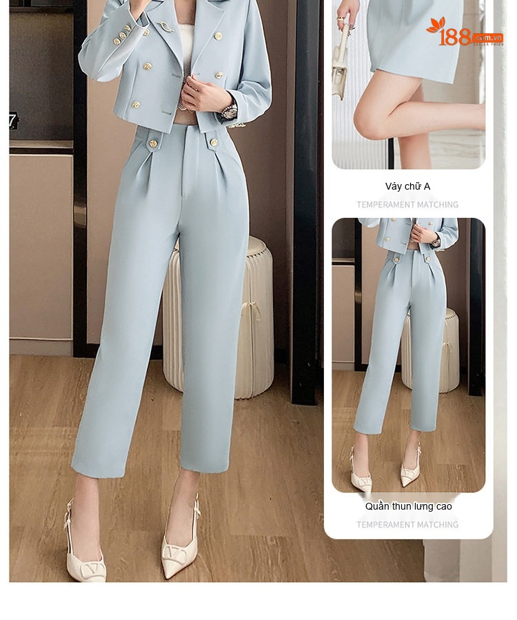 Bộ Vest Công Sở Nữ Dáng Ngắn Quần Dài/Chân Váy Màu Kaki, Đen, Xanh Dương chi tiết 7