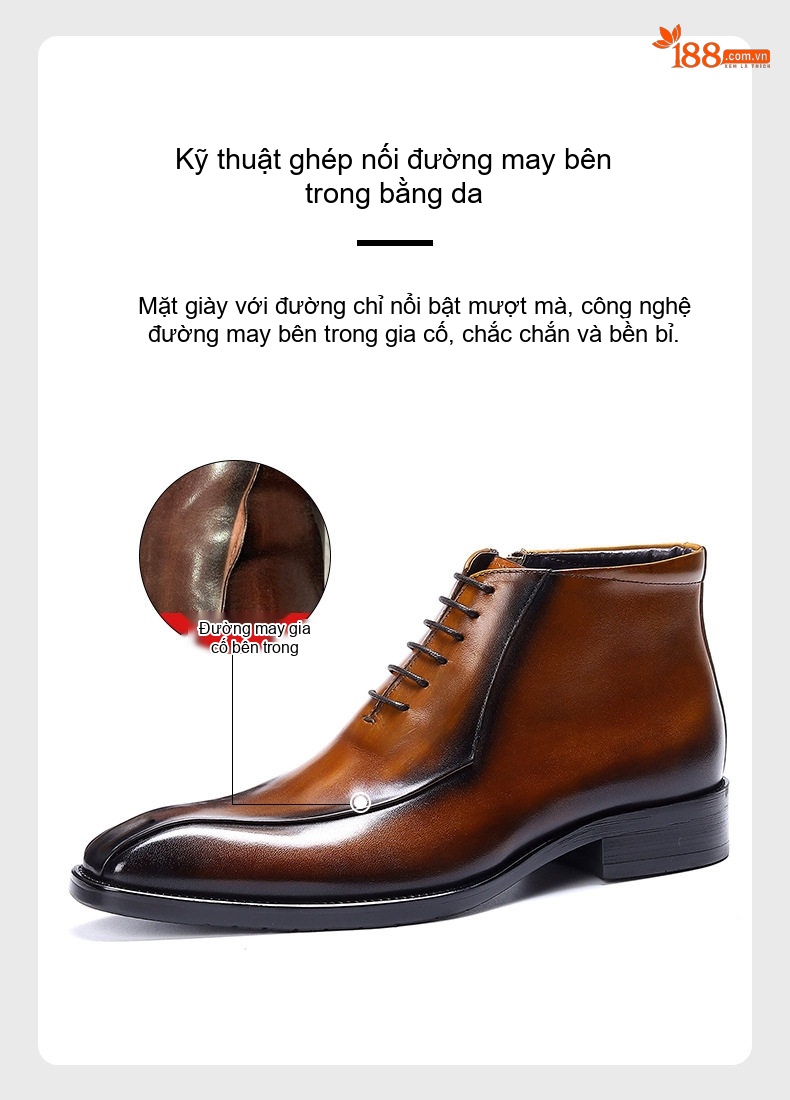 Boot Nam Da Bò Cổ Cao Giày Tây Buộc Dây Chiều Cao Đế Khoảng 3cm Màu Nâu Đậm chi tiết 1