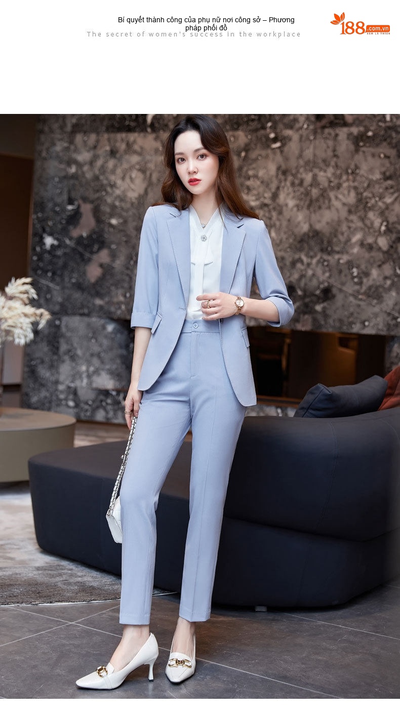 Bộ Vest Công Sở Nữ Tay Lỡ Phong Cách Hàn Quốc Màu Xanh Khói, Be, Đen chi tiết 15