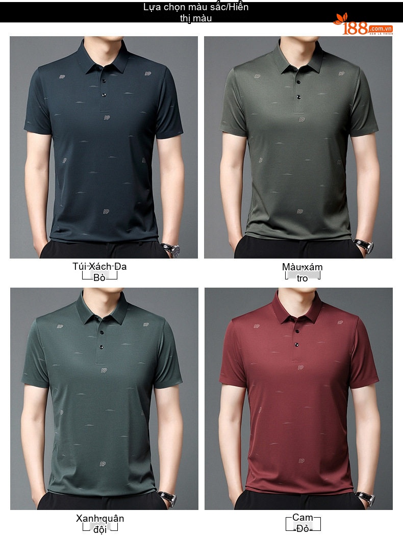 Áo Thun Polo Nam Tay Ngắn Lụa Tơ Tằm In Họa Tiết Thời Trang Trung Niên Màu Xanh Rêu, Xanh Navy, Đỏ chi tiết 3