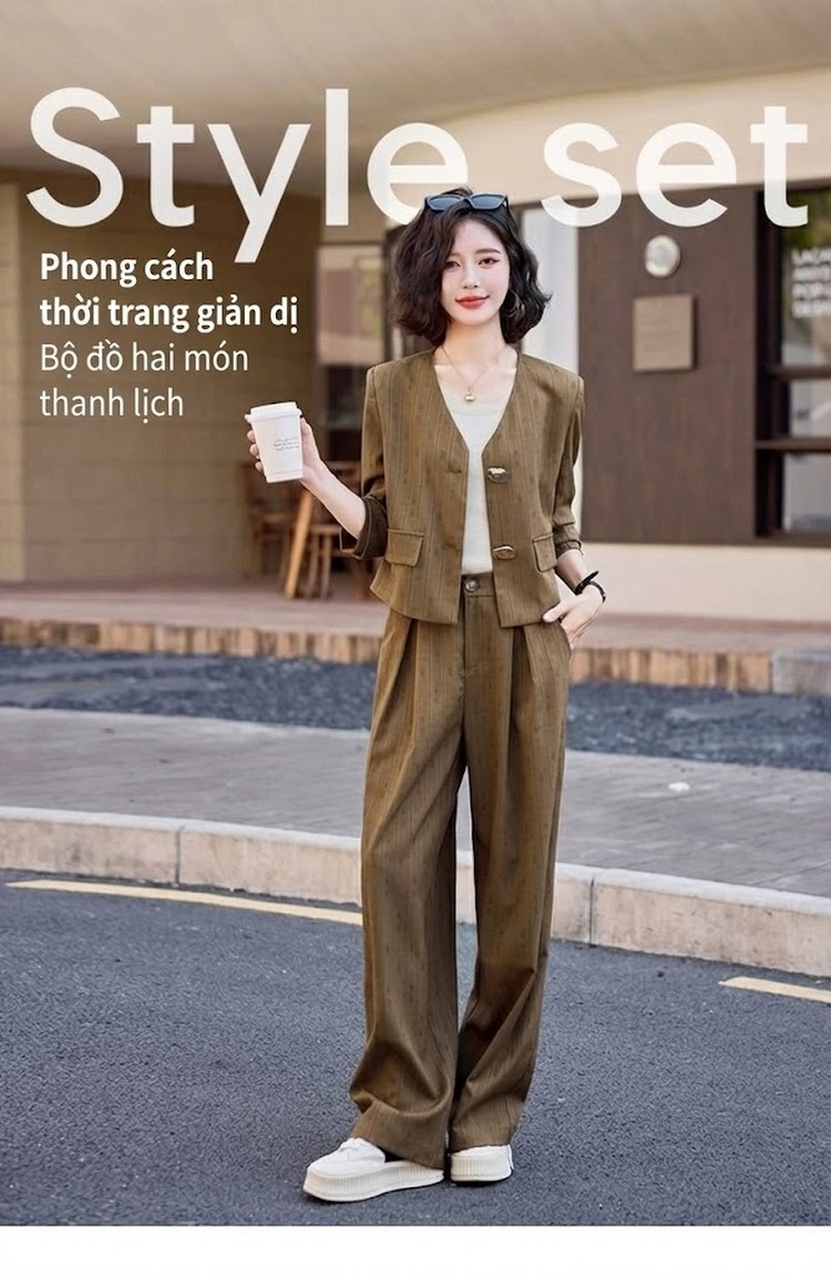Set Bộ Tiểu Thư Áo Khoác Quần Ống Rộng Dáng Suông Kẻ Sọc Màu Xám, Nâu chi tiết 1