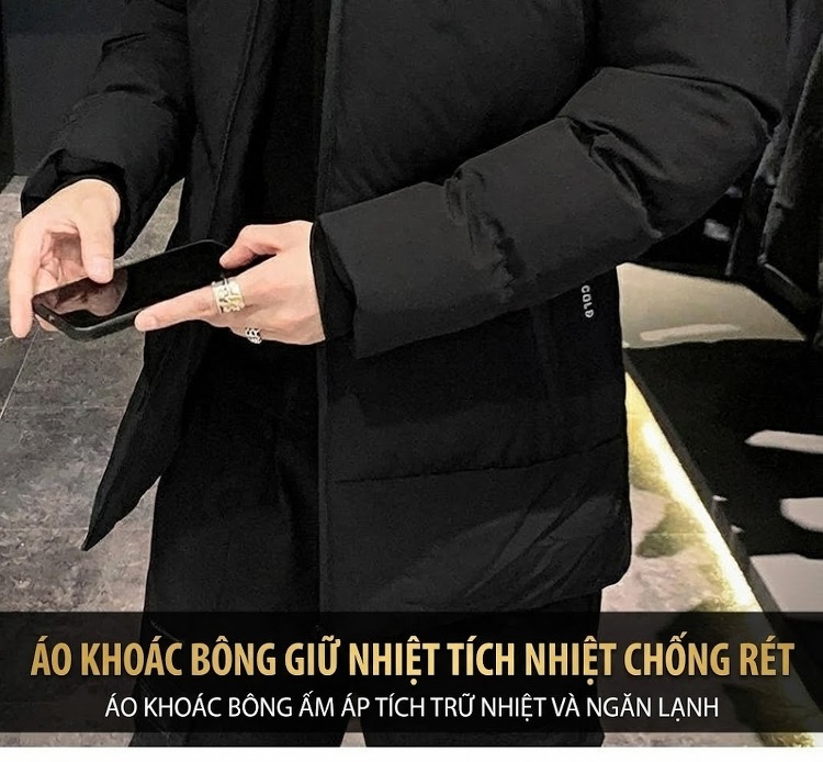 Áo Khoác Phao Nam Cotton Dày Dặn Có Mũ Trùm Đầu Giữ Ấm Phong Cách Hàn Quốc Màu Đen, Xám, Xanh Navy chi tiết 2