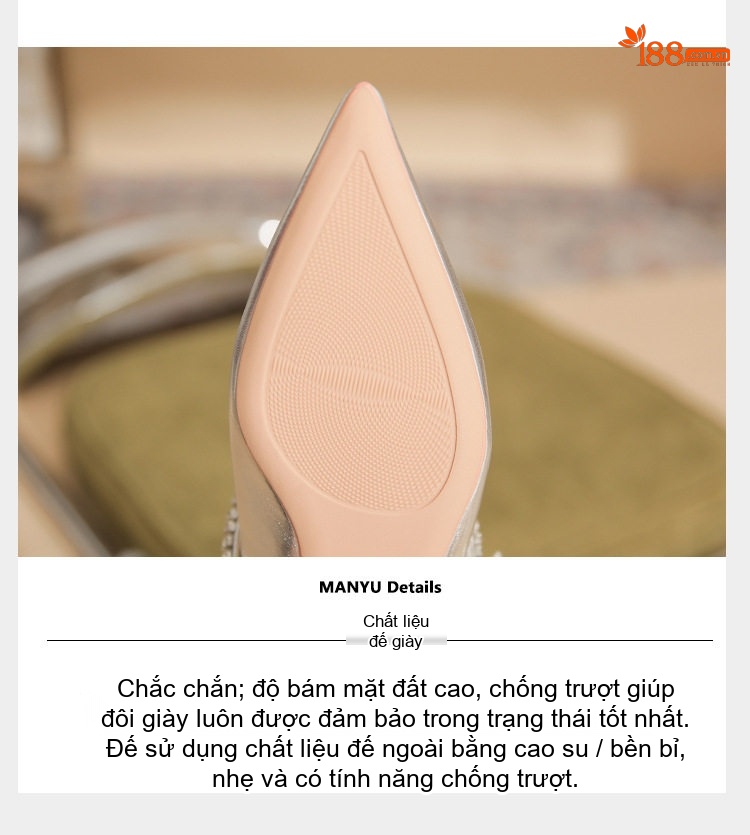 Giày Búp Bê Nữ Da Cừu Mũi Nhọn Gót Vuông Chiều Cao Đế Khoảng 2cm Quai Ngang Đính Đá Màu Đen, Bạc chi tiết 9