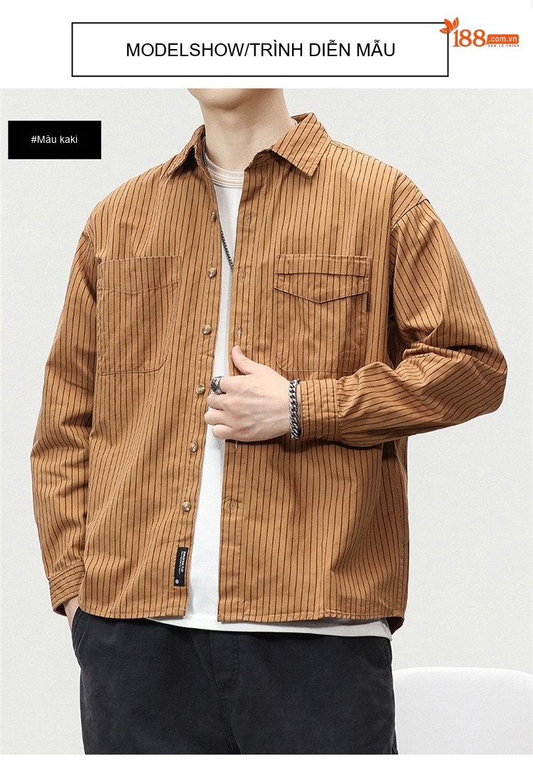 Áo Sơ Mi Nam Tay Dài Kẻ Sọc Retro Dáng Rộng Phong Cách Công Sở Màu Xanh Navy, Nâu, Kem chi tiết 4