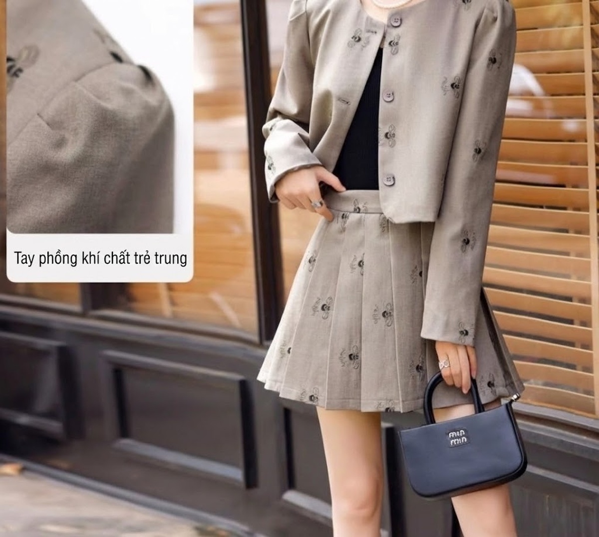 Set Áo Khoác và Chân Váy Ngắn Xếp Ly Phong Cách Tiểu Thư Màu Đen, Xám chi tiết 10
