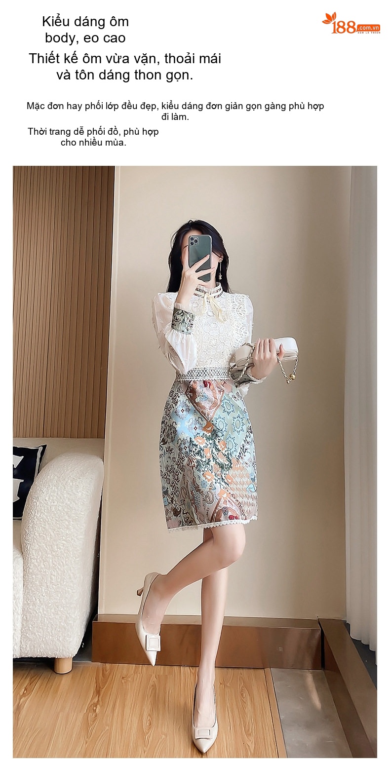 Váy Đầm Nữ Tay Dài Cổ Tàu Họa Tiết Thêu Hoa phối Ren Phong Cách Pháp chi tiết 2