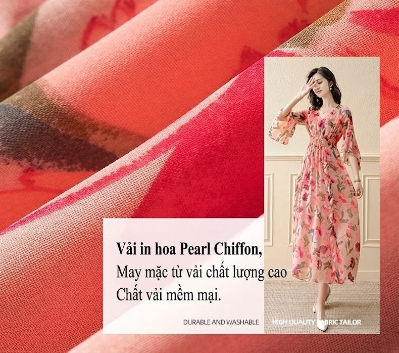 Váy Voan Hoa Nhí Nữ Dáng Dài Thắt Eo Phong Cách Thanh Lịch Màu Hồng chi tiết 8