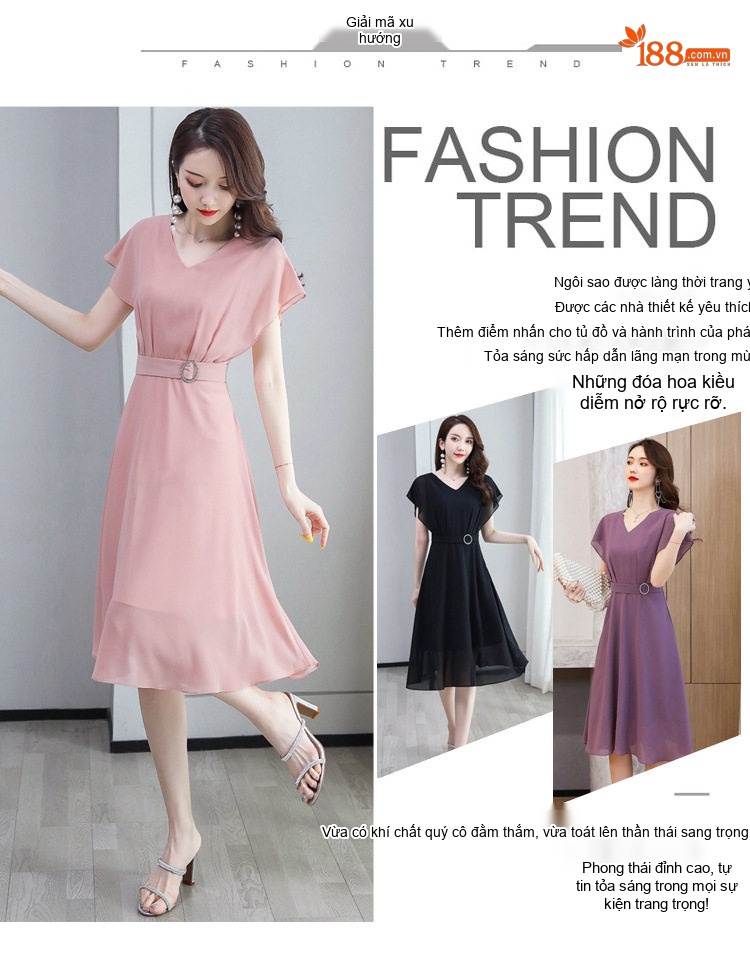 Váy Liền Thân Nữ Cổ chữ V Tay Ngắn Thanh Lịch Màu Đen, Tím, Hồng chi tiết 3