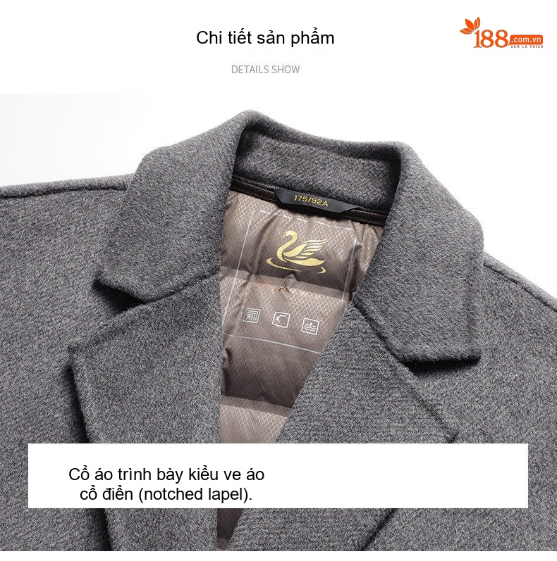 Áo Khoác Dạ Nam 70% Lông Cừu Dáng Dài Lót Lông Vũ Có Thể Tháo Rời Màu Đen, Xám chi tiết 18