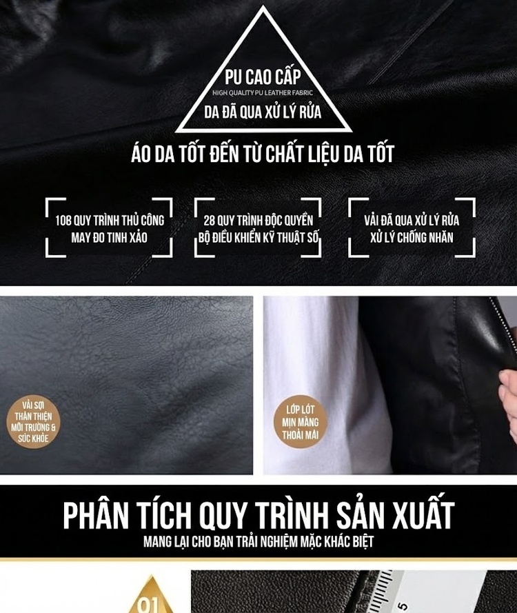 Áo Khoác Da PU Nam Dáng Ôm Cổ Trụ Phong Cách Hàn Quốc Màu Đen, Nâu, Xám chi tiết 3