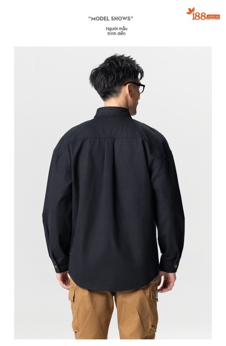 Áo Sơ Mi Nam Cotton Dáng Rộng Phong Cách Retro Màu Xanh Rêu, Nâu, Đen chi tiết 6