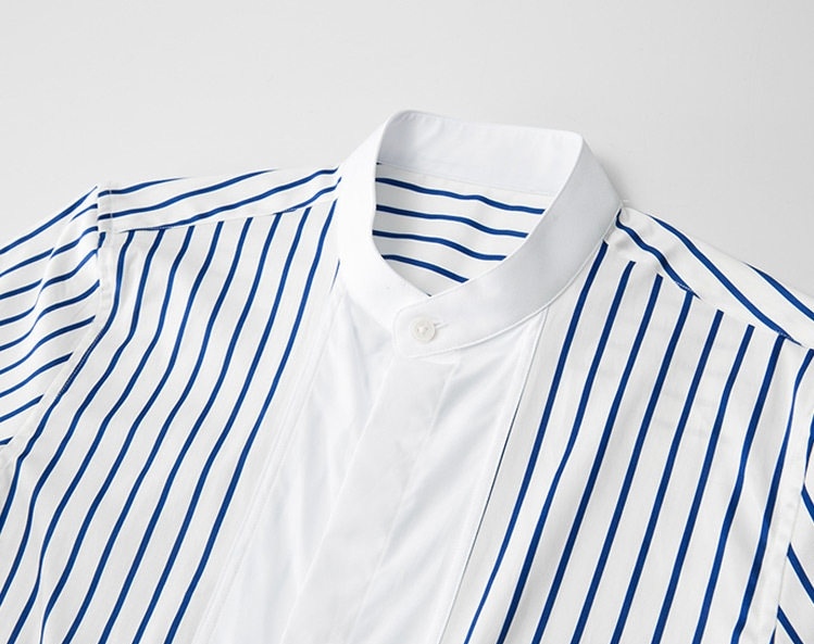 Áo Sơ Mi Nam Tay Ngắn Cổ Trụ Họa Tiết Sọc Tơ Tằm Cotton Màu Trắng Sọc Xanh chi tiết 1