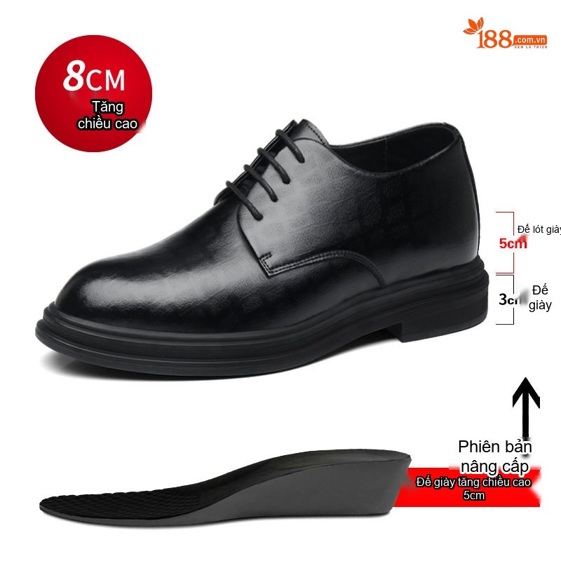 Giày Tây Buộc Dây Nam Da Bò Chiều Cao Đế 6cm Màu Đen