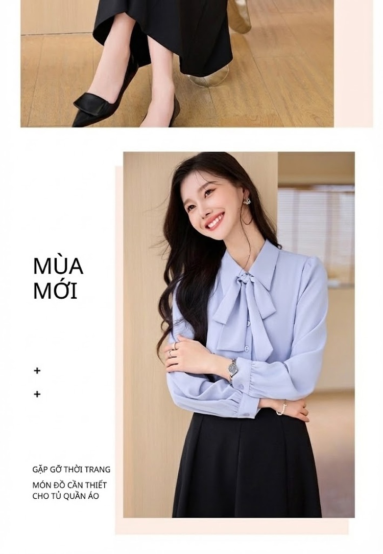 Áo Sơ Mi Nữ Tay Dài Cổ Nơ Voan Phong Cách Công Sở Màu Trắng, Xanh chi tiết 14