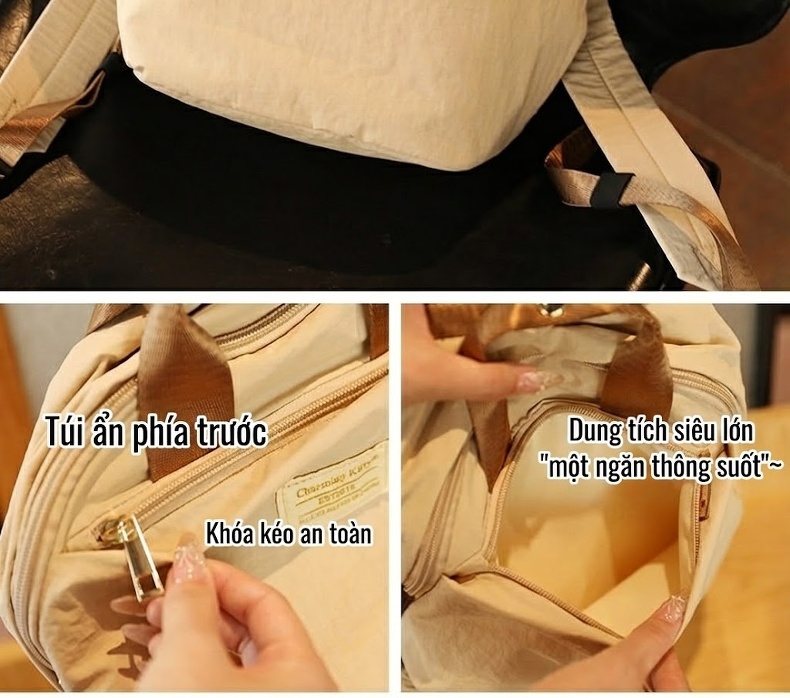 Balo Nữ Đeo Vai Hai Dây Mềm Mại Chống Sốc Thoải Mái Size Vừa Bền Bỉ Màu Be chi tiết 19