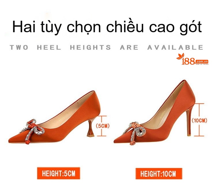 Giày Búp Bê Nữ Mũi Nhọn Gót Ly Đính Nơ Đá Chiều Cao Đế 5cm Chất Liệu Lụa Satin Màu Cam, Đen, Kem chi tiết 2