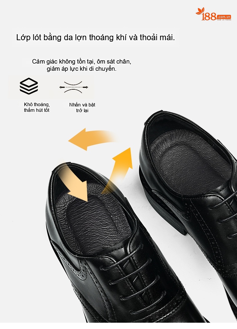 Giày Tây Buộc Dây Nam Da Thật Brogue Chiều Cao Đế Khoảng 3cm Màu Đen, Nâu chi tiết 8