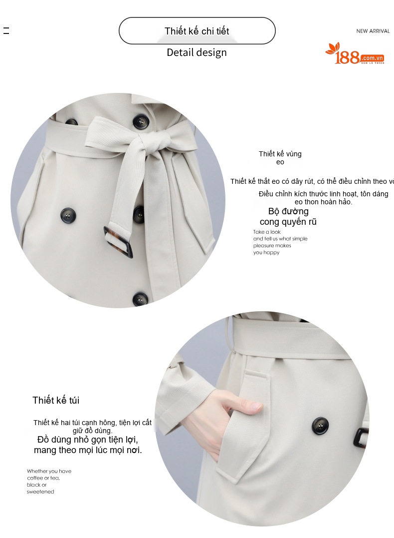 Áo Khoác Trench Coat Nữ Dáng Dài Vừa Phong Cách Anh Quốc Thanh Lịch Màu Be, Đen chi tiết 5