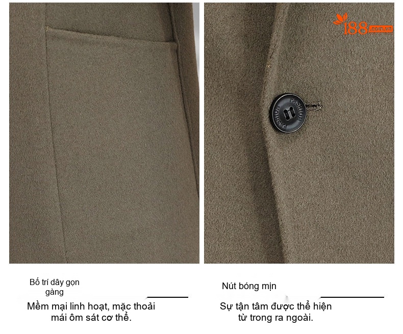 Áo Khoác Dạ Nam Dáng Dài Vừa Cổ chữ Vest Thiết Kế Thủ Công Màu Đen, Xám, Nâu chi tiết 10