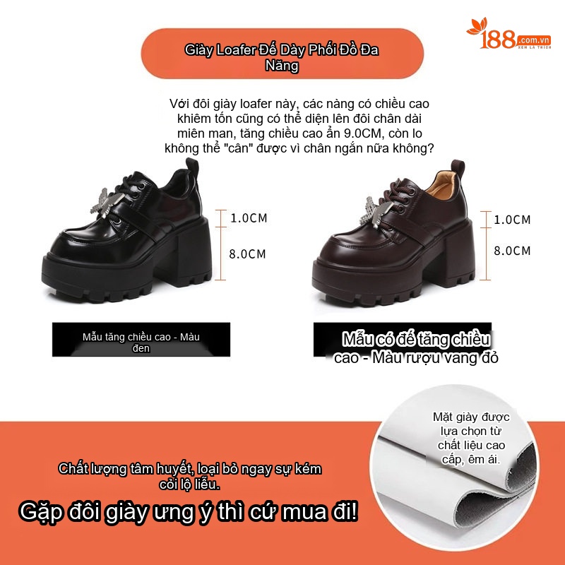 Giày Loafer Nữ Da Bóng Đế Cao Gót 8cm Màu Đen, Nâu