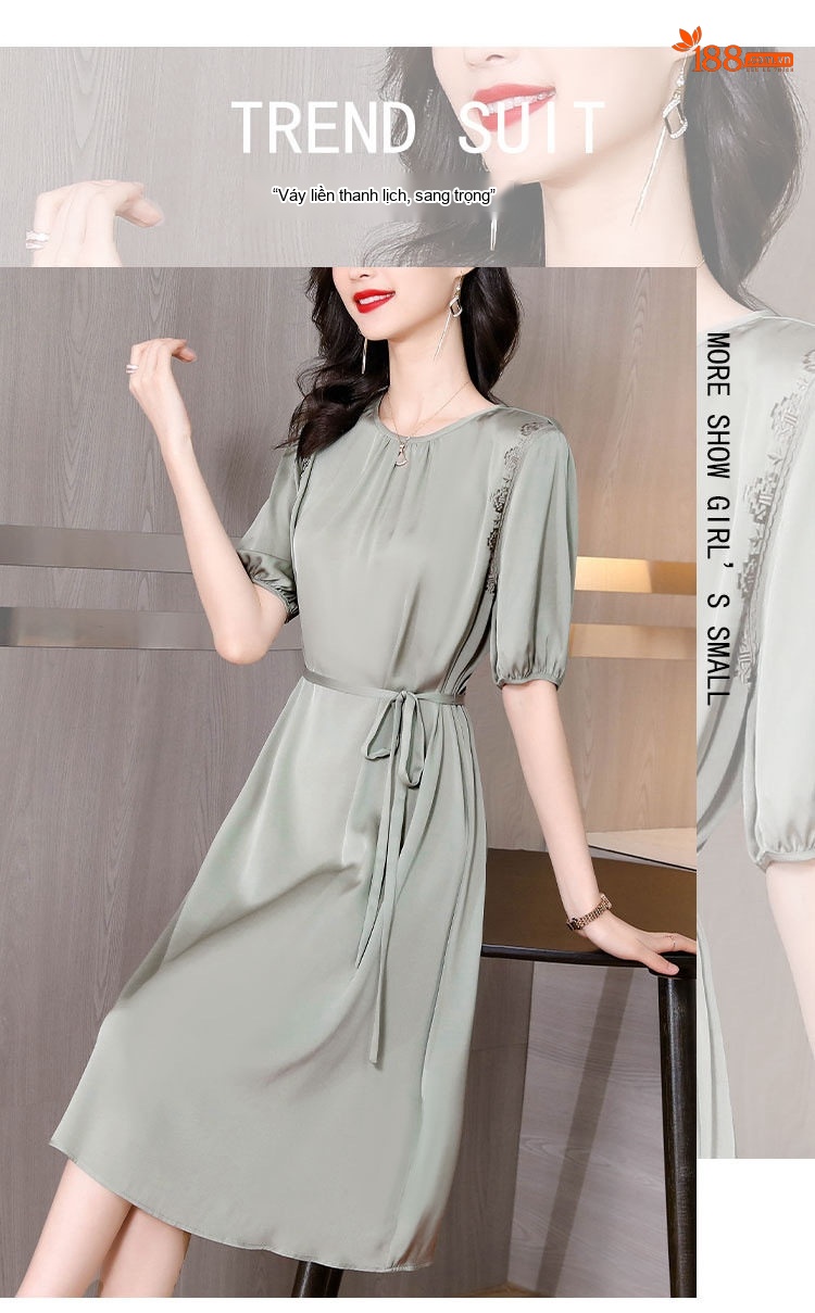 Váy Lụa Băng Nữ Thu Eo dáng chữ A Thanh Lịch Màu Xanh chi tiết 3
