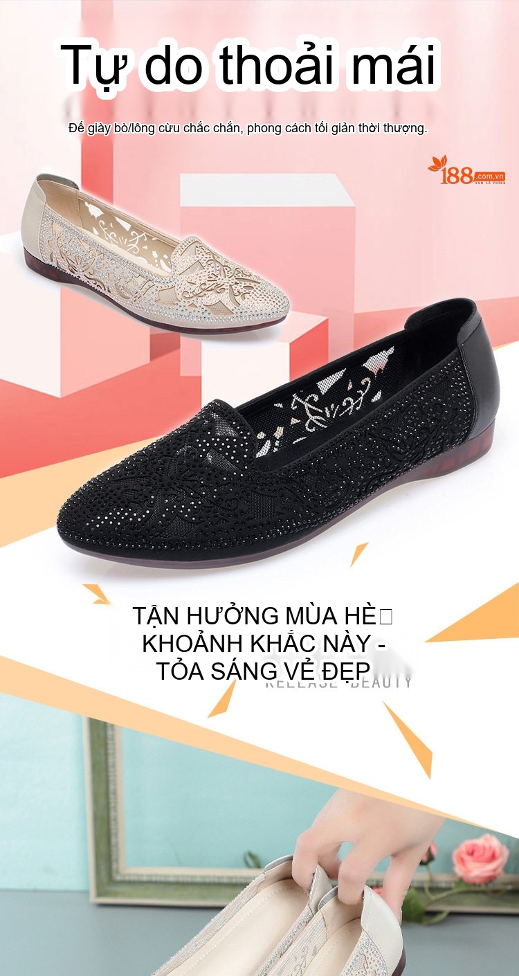 Giày Búp Bê Lưới Mềm Thoáng Khí Đế Bằng Chống Trượt Chiều Cao Đế Khoảng 2cm Màu Kem, Đen chi tiết 1