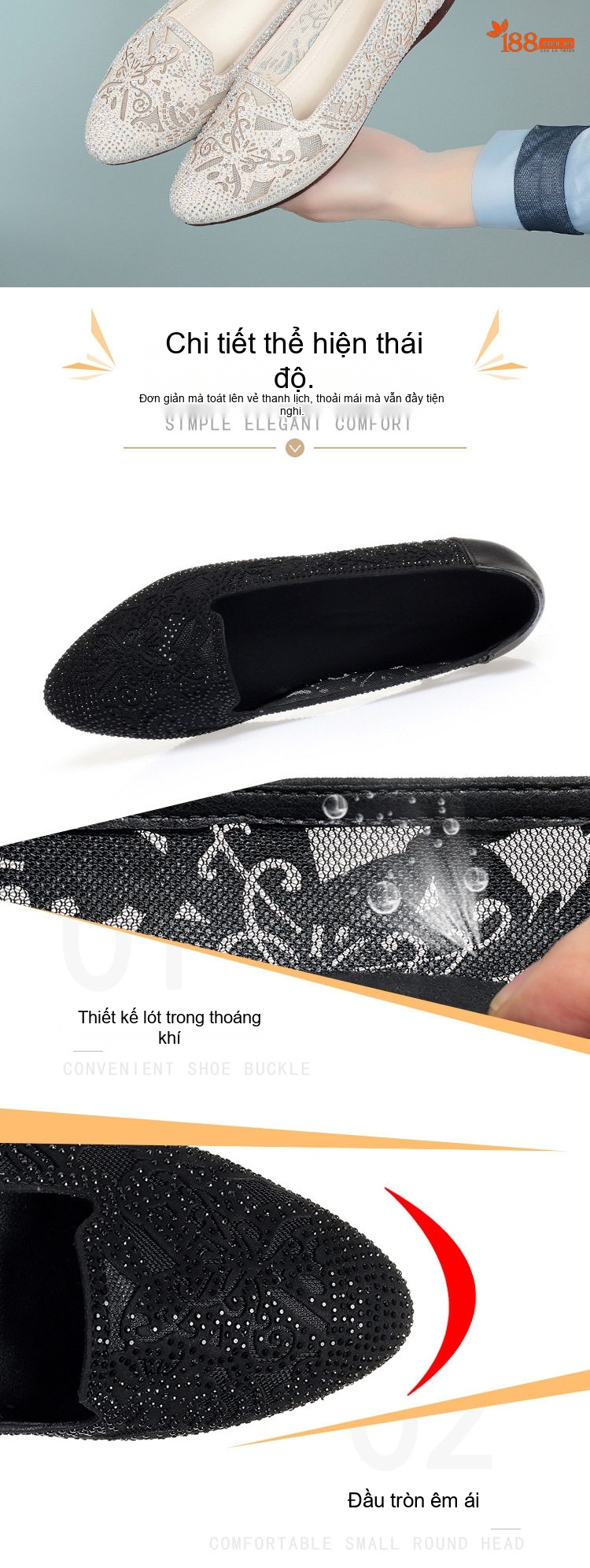 Giày Búp Bê Lưới Mềm Thoáng Khí Đế Bằng Chống Trượt Chiều Cao Đế Khoảng 2cm Màu Kem, Đen chi tiết 2