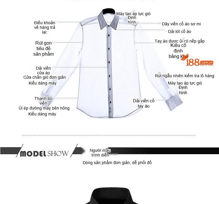 Áo Sơ Mi Nam Cotton Dáng Ôm Màu Trắng, Đen, Xanh chi tiết 4