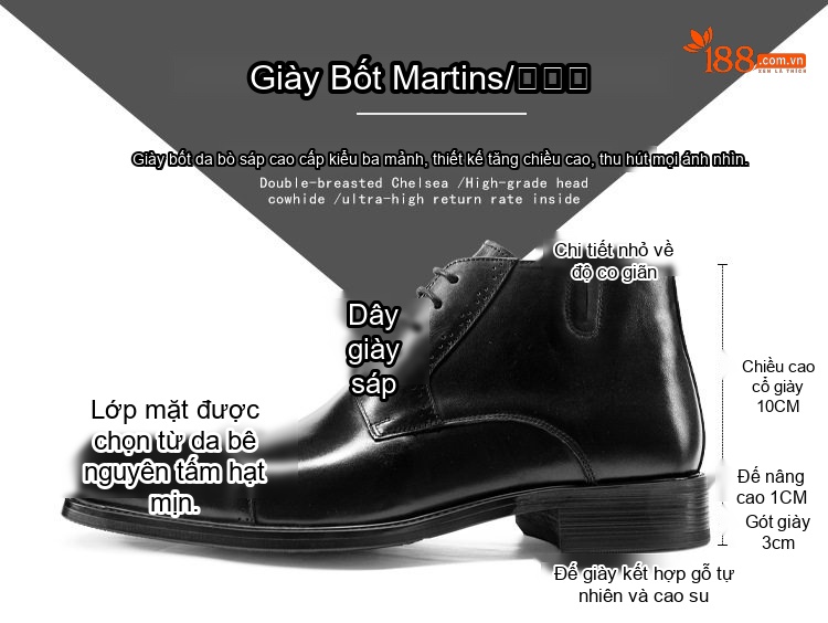Giày Cao Cổ Martin Nam Da Bò Mũi Nhọn Chiều Cao Đế Khoảng 3cm Màu Đen, Nâu chi tiết 2