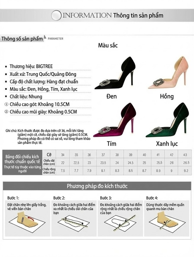 Giày Cao Gót Nữ Nỉ Mũi Nhọn Khoét Hông Đính Đá Chiều Cao Đế Khoảng 8cm Màu Đen, Xanh Lá, Hồng, Đỏ Rượu Vang... chi tiết 1