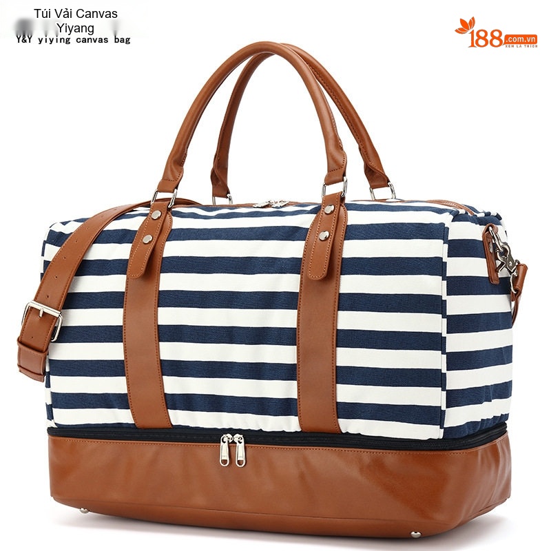 Túi Du Lịch Vải Canvas Chống Nước, Túi Xách Tay, Túi Tập Gym Màu Sọc Xanh Navy, Trắng