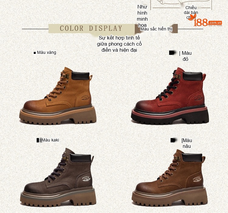 Boot Martin Nữ Cổ Ngắn Đế Dày Phong Cách Retro Chiều Cao Đế Khoảng 5cm Màu Nâu, Đỏ chi tiết 3